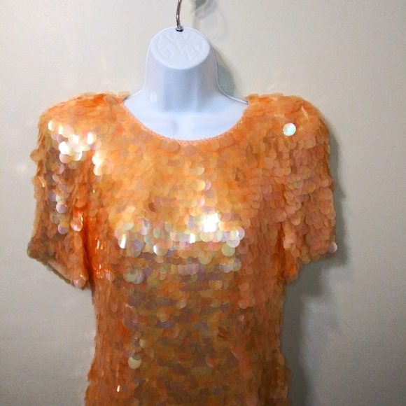 Vintage 80's Black Tie Oleg Cassini Peach Spangled "Mermaid" Cocktail Dress - Picture 2 of 13